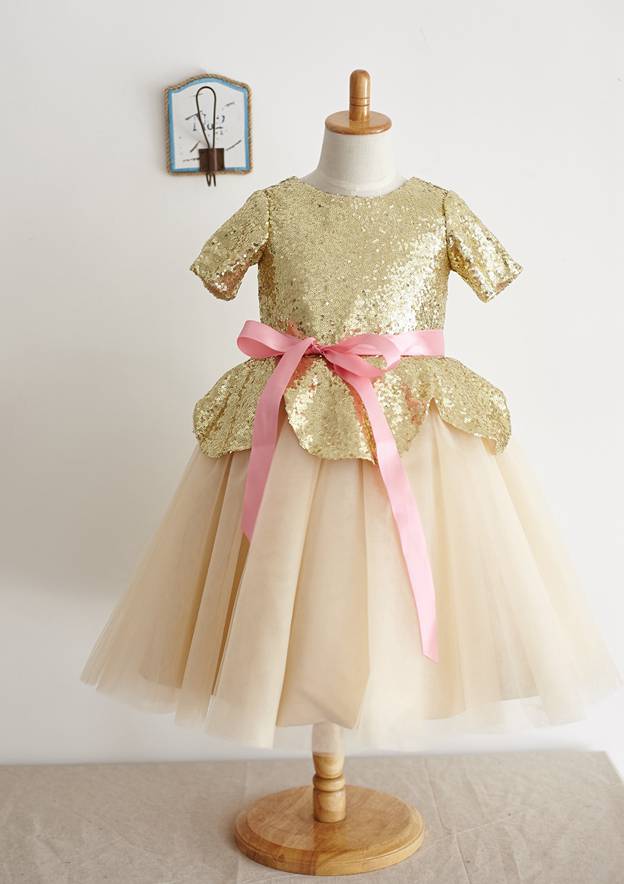 Short Sleeve Knee-Length Sequined Tulle Dress with Stylish Sashes - A-line/Princess Scoop Neck Flower Girl Dress BM bride