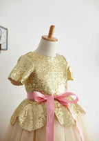 Short Sleeve Knee-Length Sequined Tulle Dress with Stylish Sashes - A-line/Princess Scoop Neck Flower Girl Dress BM bride