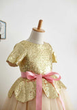 Short Sleeve Knee-Length Sequined Tulle Dress with Stylish Sashes - A-line/Princess Scoop Neck Flower Girl Dress BM bride