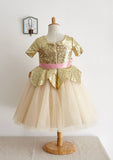 Short Sleeve Knee-Length Sequined Tulle Dress with Stylish Sashes - A-line/Princess Scoop Neck Flower Girl Dress BM bride