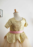 Short Sleeve Knee-Length Sequined Tulle Dress with Stylish Sashes - A-line/Princess Scoop Neck Flower Girl Dress BM bride