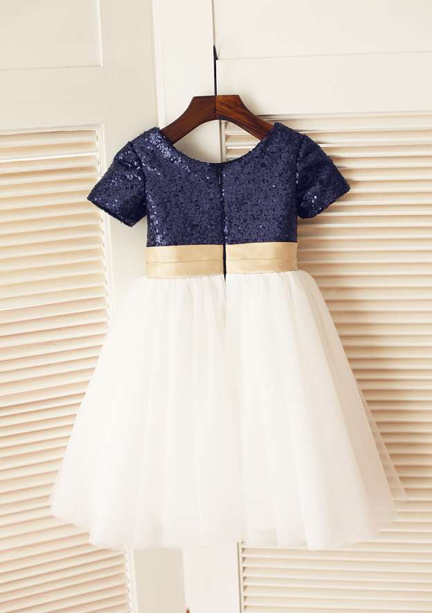 Knee-Length Sequined Tulle Flower Girl Dress with Floral Sashes - A-line/Princess Scoop Neck BM bride