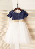 Knee-Length Sequined Tulle Flower Girl Dress with Floral Sashes - A-line/Princess Scoop Neck BM bride