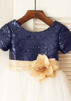 Knee-Length Sequined Tulle Flower Girl Dress with Floral Sashes - A-line/Princess Scoop Neck BM bride
