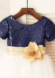 Knee-Length Sequined Tulle Flower Girl Dress with Floral Sashes - A-line/Princess Scoop Neck BM bride