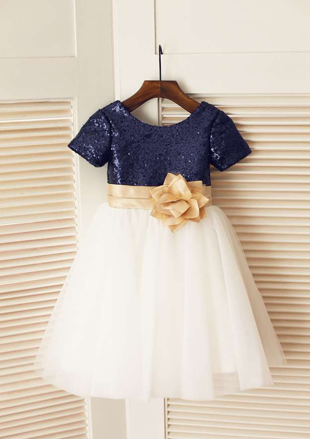 Knee-Length Sequined Tulle Flower Girl Dress with Floral Sashes - A-line/Princess Scoop Neck BM bride