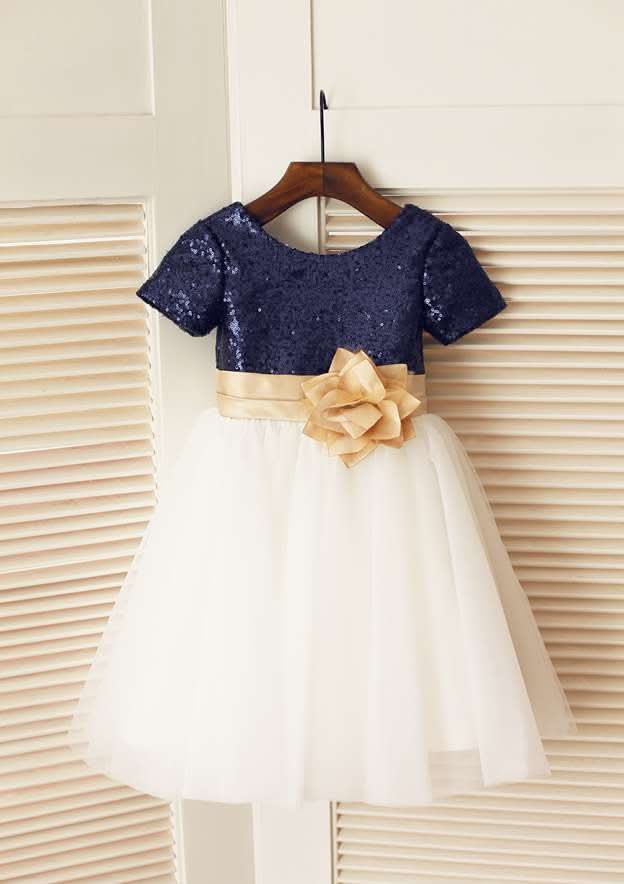 Knee-Length Sequined Tulle Flower Girl Dress with Floral Sashes - A-line/Princess Scoop Neck BM bride