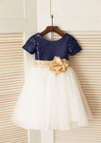 Knee-Length Sequined Tulle Flower Girl Dress with Floral Sashes - A-line/Princess Scoop Neck BM bride