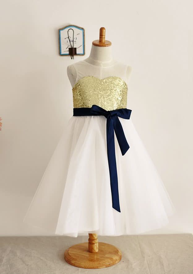 Tea-Length Sequined Tulle Flower Girl Dress with Elegant Sashes - A-line/Princess Illusion Neck BM bride