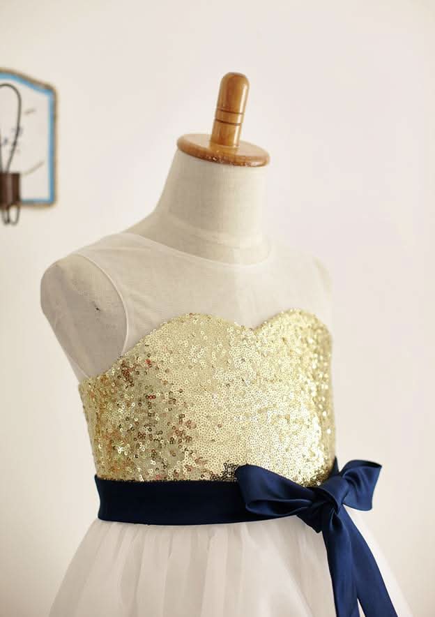 Tea-Length Sequined Tulle Flower Girl Dress with Elegant Sashes - A-line/Princess Illusion Neck BM bride