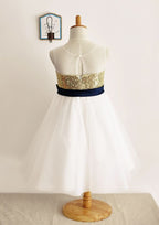 Tea-Length Sequined Tulle Flower Girl Dress with Elegant Sashes - A-line/Princess Illusion Neck BM bride