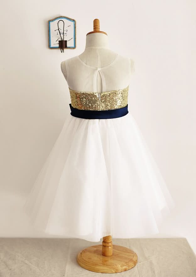 Tea-Length Sequined Tulle Flower Girl Dress with Elegant Sashes - A-line/Princess Illusion Neck BM bride