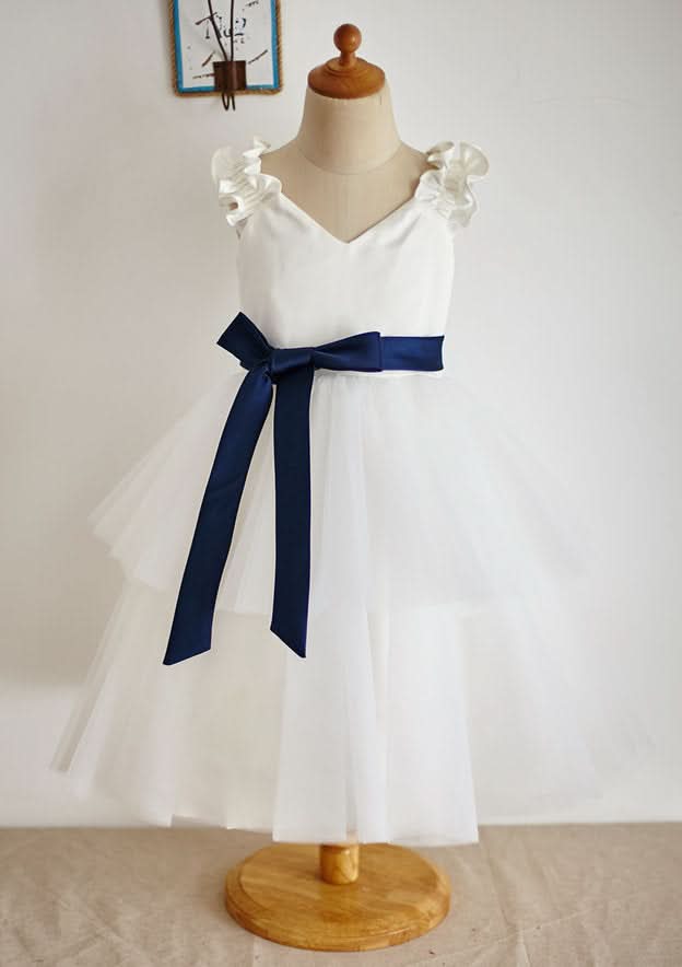 Ankle-Length Tulle Flower Girl Dress with Chic Sashes - A-line/Princess V Neck BM bride