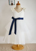 Ankle-Length Tulle Flower Girl Dress with Chic Sashes - A-line/Princess V Neck BM bride