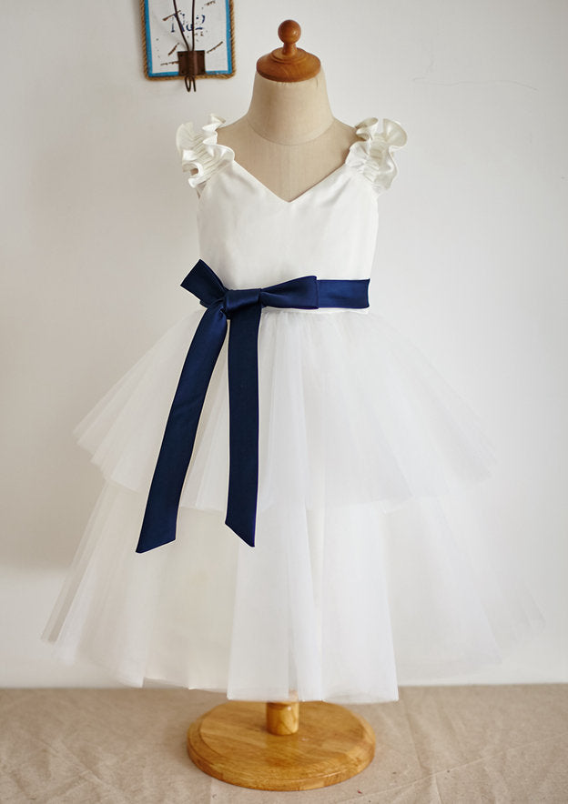 Ankle-Length Tulle Flower Girl Dress with Chic Sashes - A-line/Princess V Neck BM bride