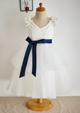 Ankle-Length Tulle Flower Girl Dress with Chic Sashes - A-line/Princess V Neck BM bride
