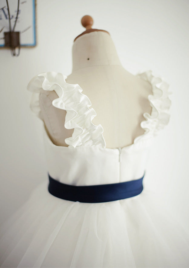 Ankle-Length Tulle Flower Girl Dress with Chic Sashes - A-line/Princess V Neck BM bride