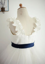 Ankle-Length Tulle Flower Girl Dress with Chic Sashes - A-line/Princess V Neck BM bride