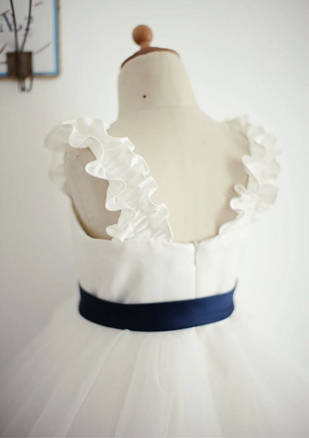 Ankle-Length Tulle Flower Girl Dress with Chic Sashes - A-line/Princess V Neck BM bride