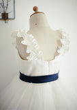 Ankle-Length Tulle Flower Girl Dress with Chic Sashes - A-line/Princess V Neck BM bride