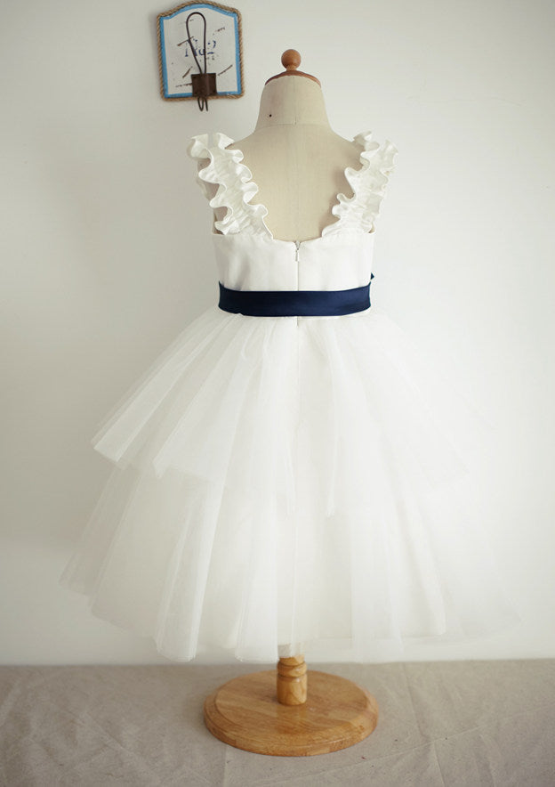 Ankle-Length Tulle Flower Girl Dress with Chic Sashes - A-line/Princess V Neck BM bride