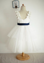 Ankle-Length Tulle Flower Girl Dress with Chic Sashes - A-line/Princess V Neck BM bride