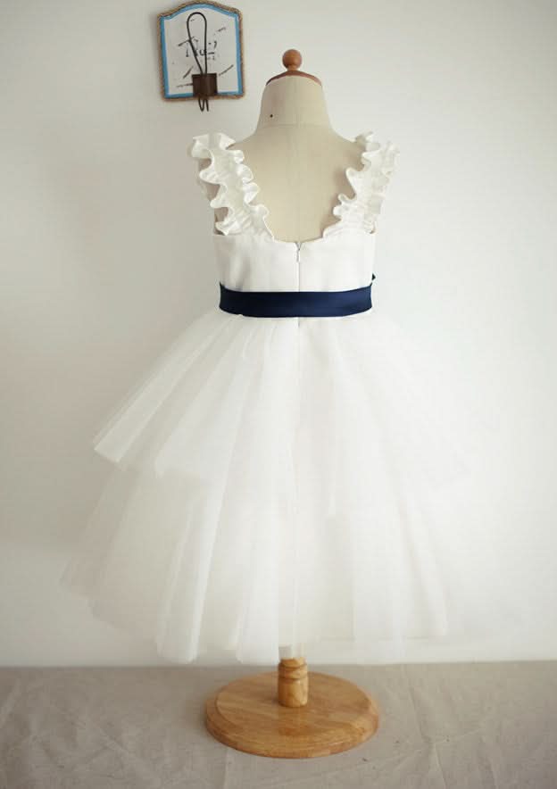 Ankle-Length Tulle Flower Girl Dress with Chic Sashes - A-line/Princess V Neck BM bride