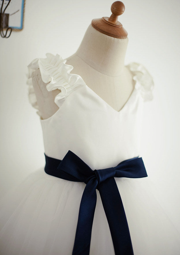 Ankle-Length Tulle Flower Girl Dress with Chic Sashes - A-line/Princess V Neck BM bride