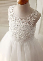 Ankle-Length Lace and Tulle Flower Girl Dress with Delicate Lace - A-line/Princess Illusion Neck BM bride