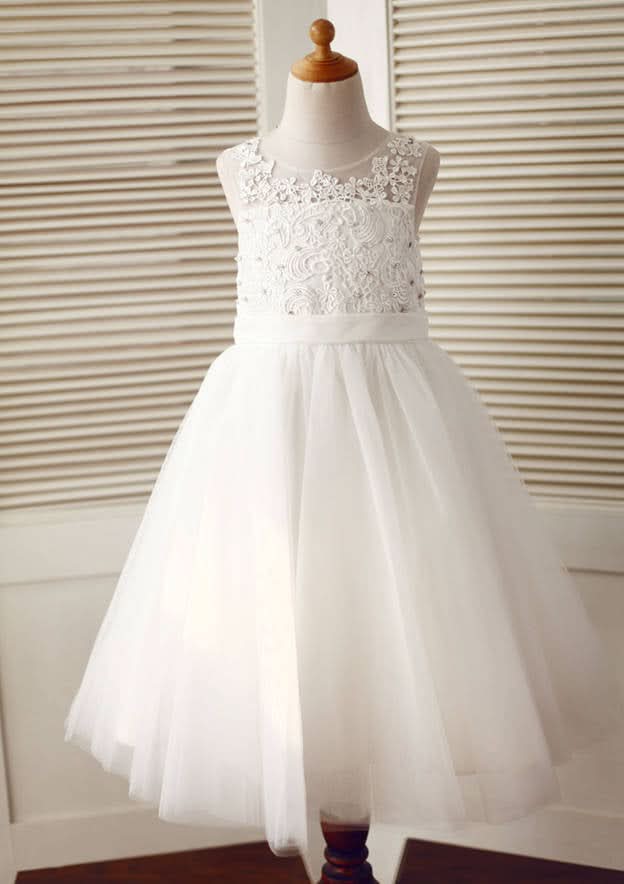 Ankle-Length Lace and Tulle Flower Girl Dress with Delicate Lace - A-line/Princess Illusion Neck BM bride