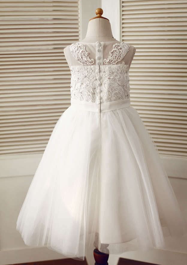 Ankle-Length Lace and Tulle Flower Girl Dress with Delicate Lace - A-line/Princess Illusion Neck BM bride