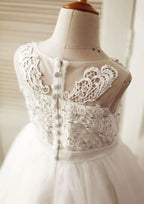 Ankle-Length Lace and Tulle Flower Girl Dress with Delicate Lace - A-line/Princess Illusion Neck BM bride