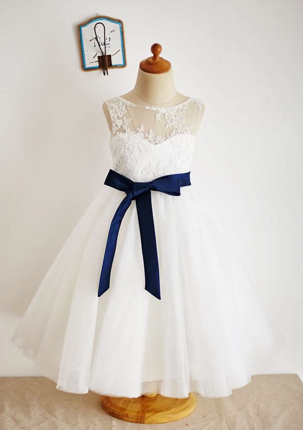 Ankle-Length Lace and Tulle Flower Girl Dress with Elegant Sashes - A-line/Princess Illusion Neck BM bride