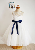 Ankle-Length Lace and Tulle Flower Girl Dress with Elegant Sashes - A-line/Princess Illusion Neck BM bride