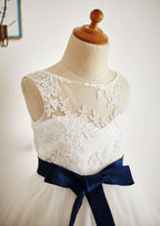 Ankle-Length Lace and Tulle Flower Girl Dress with Elegant Sashes - A-line/Princess Illusion Neck BM bride