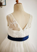 Ankle-Length Lace and Tulle Flower Girl Dress with Elegant Sashes - A-line/Princess Illusion Neck BM bride