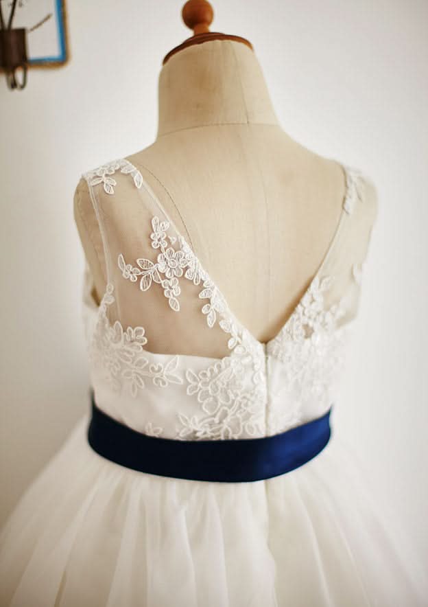 Ankle-Length Lace and Tulle Flower Girl Dress with Elegant Sashes - A-line/Princess Illusion Neck BM bride