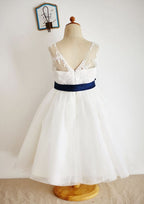 Ankle-Length Lace and Tulle Flower Girl Dress with Elegant Sashes - A-line/Princess Illusion Neck BM bride