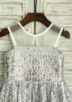 Short/Mini Sequined Flower Girl Dress with Elegant Illusion Neck - A-line/Princess BM bride
