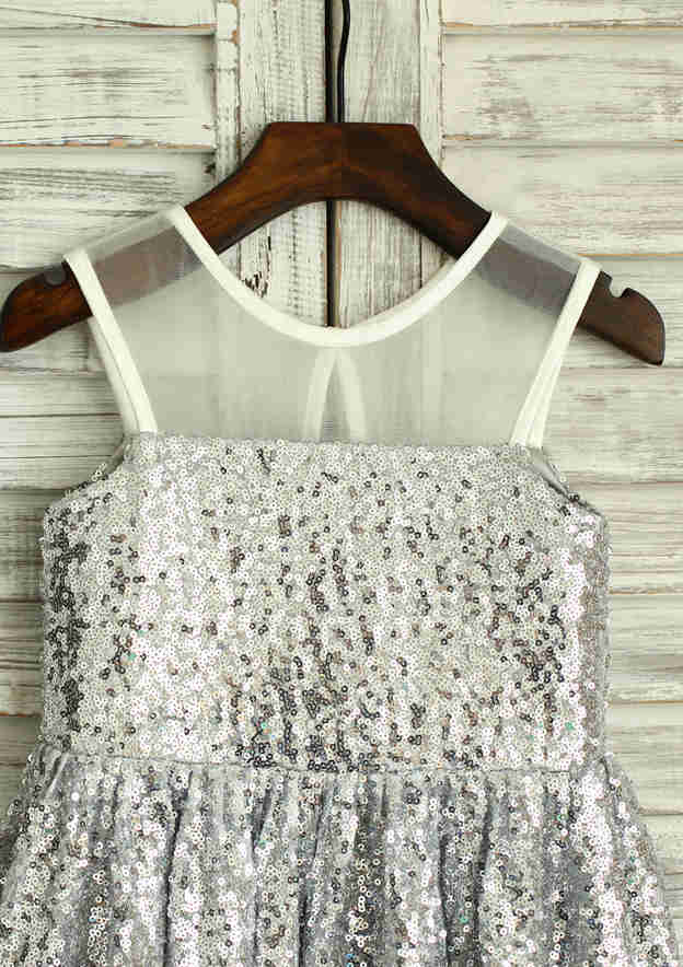 Short/Mini Sequined Flower Girl Dress with Elegant Illusion Neck - A-line/Princess BM bride
