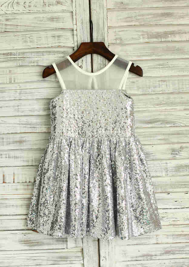 Short/Mini Sequined Flower Girl Dress with Elegant Illusion Neck - A-line/Princess BM bride