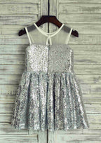 Short/Mini Sequined Flower Girl Dress with Elegant Illusion Neck - A-line/Princess BM bride