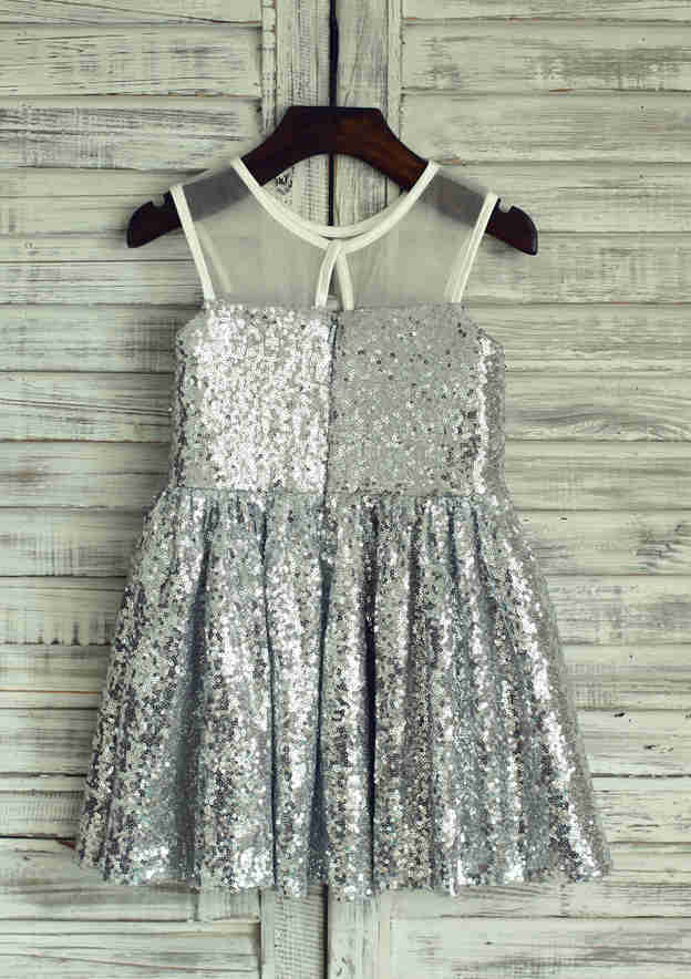 Short/Mini Sequined Flower Girl Dress with Elegant Illusion Neck - A-line/Princess BM bride