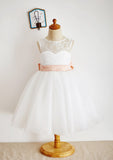 Tea-Length Lace and Tulle Flower Girl Dress with Bowknot Sashes - A-line/Princess Scoop Neck BM bride