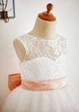 Tea-Length Lace and Tulle Flower Girl Dress with Bowknot Sashes - A-line/Princess Scoop Neck BM bride