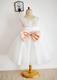Tea-Length Lace and Tulle Flower Girl Dress with Bowknot Sashes - A-line/Princess Scoop Neck BM bride