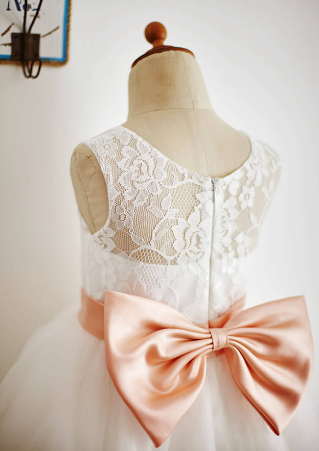 Tea-Length Lace and Tulle Flower Girl Dress with Bowknot Sashes - A-line/Princess Scoop Neck BM bride
