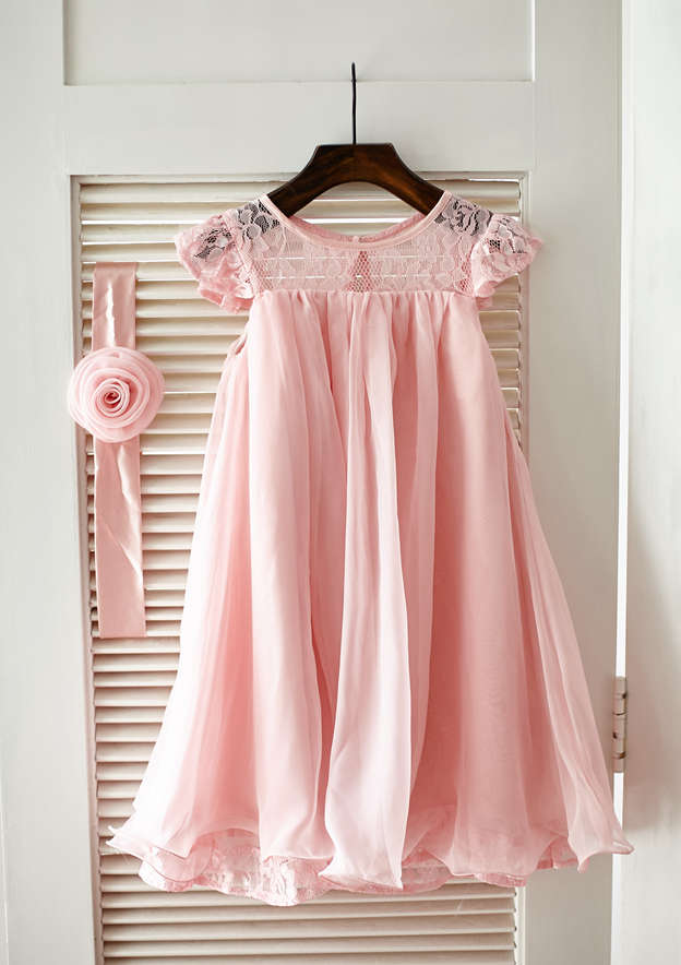 Knee-Length Chiffon Lace Flower Girl Dress with Pleated Sashes - A-line/Princess Scoop Neck BM bride