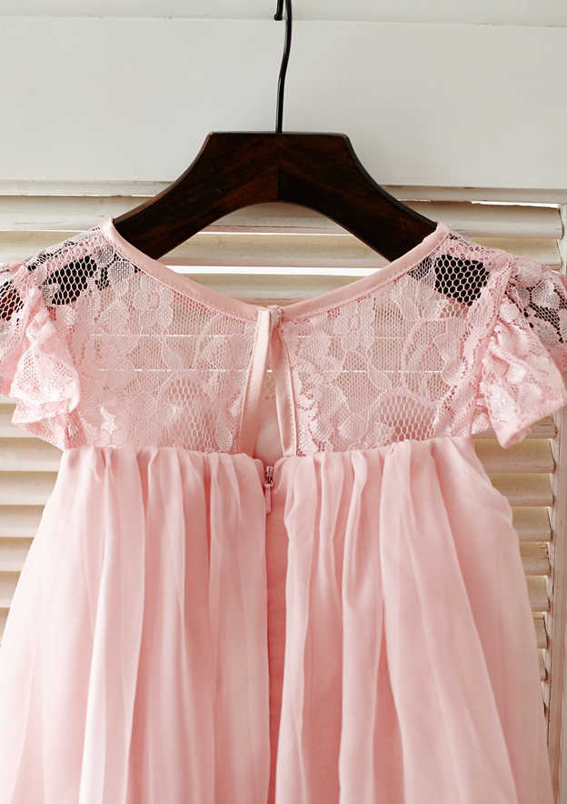 Knee-Length Chiffon Lace Flower Girl Dress with Pleated Sashes - A-line/Princess Scoop Neck BM bride