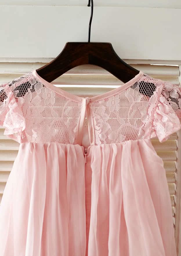 Knee-Length Chiffon Lace Flower Girl Dress with Pleated Sashes - A-line/Princess Scoop Neck BM bride